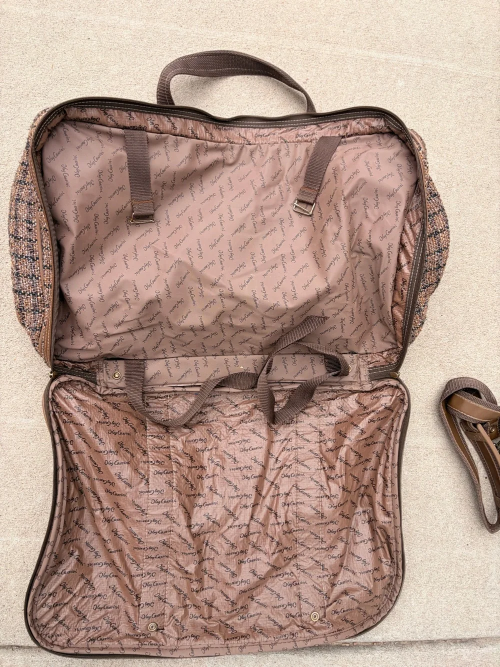 Vintage Oleg Cassini Tweed Travel Bag Suitcase Brown Weekender Shoulder Strap